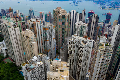 High angle view of modern buildings in city