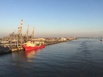 Ship in sea against clear sky