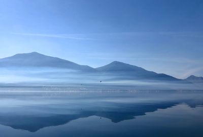 Scenic view of lake and mountains against blue sky