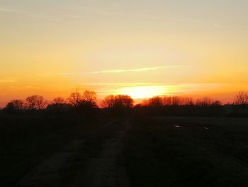 Silhouette trees on landscape against sky during sunset