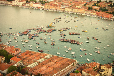 High angle view of city buildings