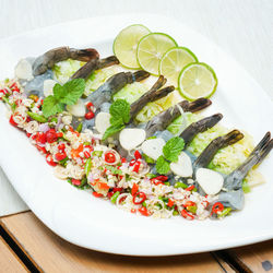 High angle view of food in plate on table