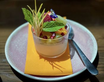 Close-up of dessert in plate on table