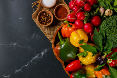 High angle view of vegetables in bowl on table