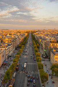 High angle view of cityscape against sky during sunset