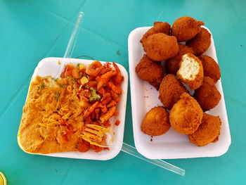 High angle view of food in plate on table