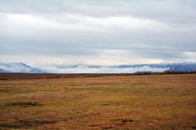 Scenic view of grassy field against cloudy sky