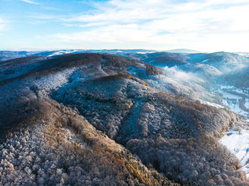 Winter forest sunny hill against sky