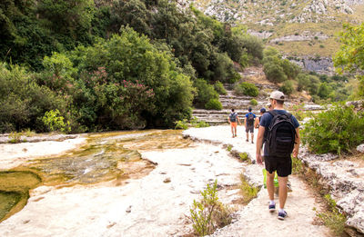 Rear view of man walking on footpath