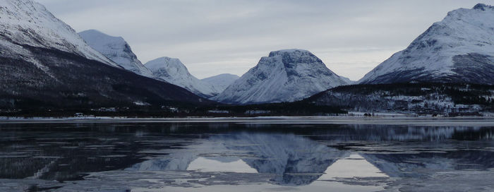 Scenic view of lake and snowcapped mountains against sky