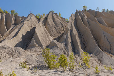 Panoramic view of rocky mountains against clear sky