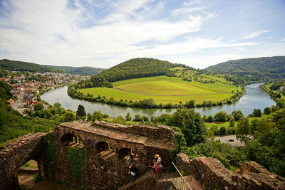 High angle view of trees on landscape against sky