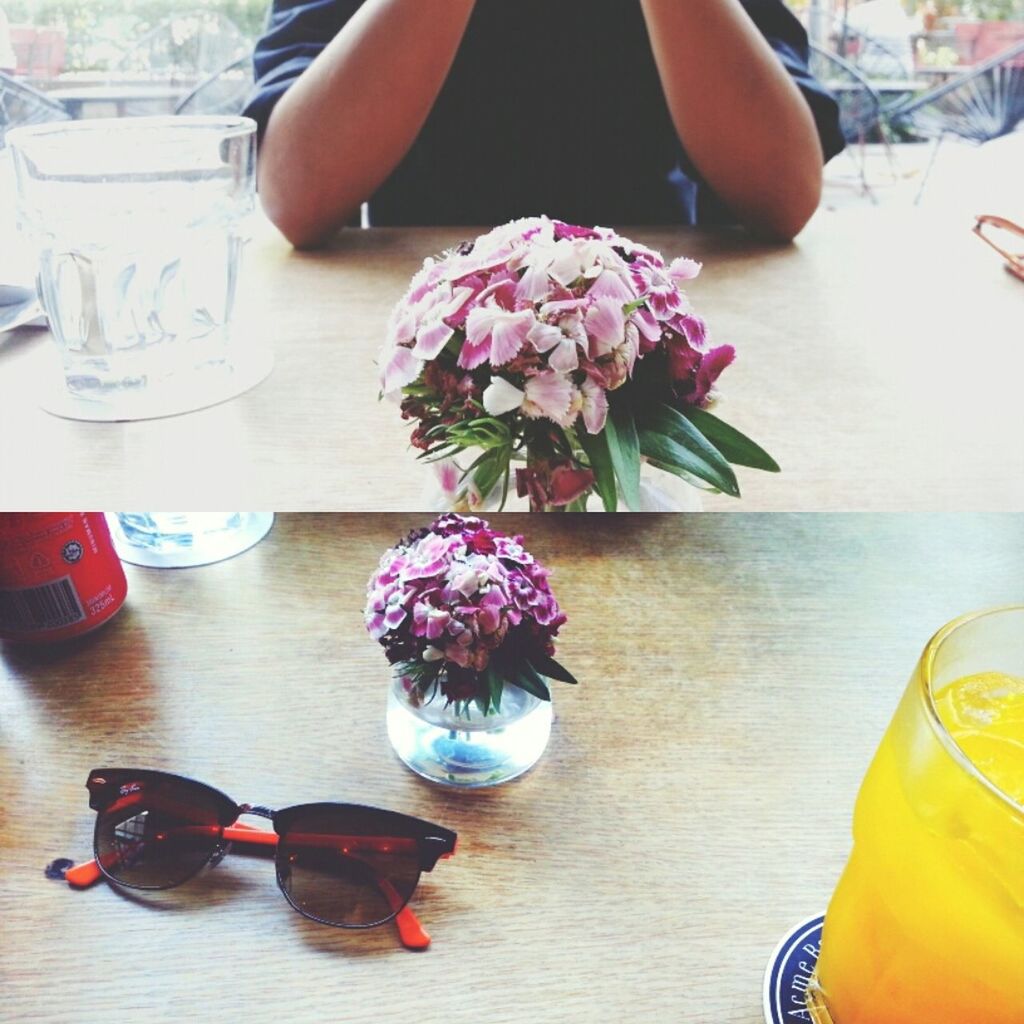 table, indoors, freshness, food and drink, flower, drinking glass, drink, vase, lifestyles, person, food, refreshment, bowl, high angle view, holding, wineglass