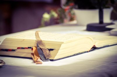 Close-up of open book on table