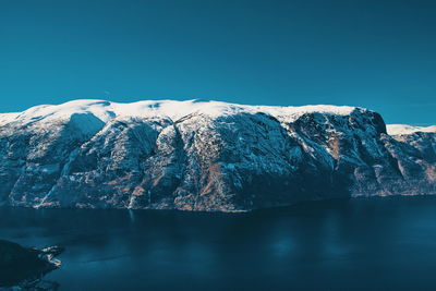 Scenic view of snowcapped mountains against blue sky