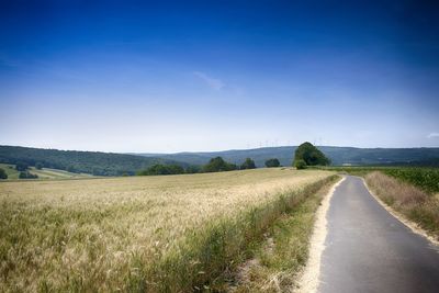 Scenic view of agricultural field against clear blue sky