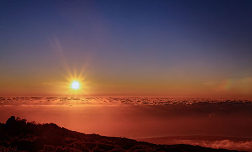 Scenic view of sea against romantic sky at sunset