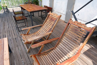 High angle view of empty bench on table