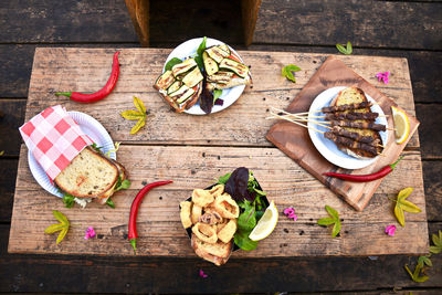 High angle view of food on wooden table