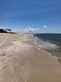 Scenic view of beach against blue sky