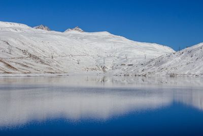 Scenic view of snow covered mountains with reflection on lake against clear blue sky