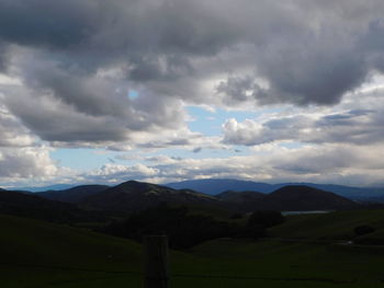 Scenic view of field and mountains against sky
