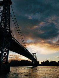 Low angle view of suspension bridge against cloudy sky