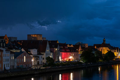 Illuminated buildings by river against sky at dusk