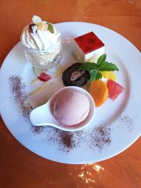 High angle view of cake in plate on table