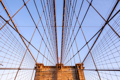 Low angle view of suspension bridge against blue sky new york 