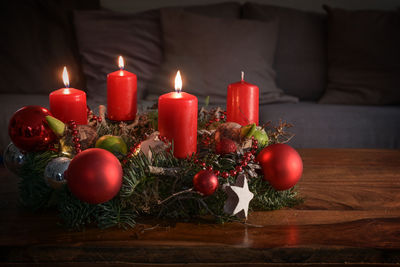 Close-up of christmas decorations on table