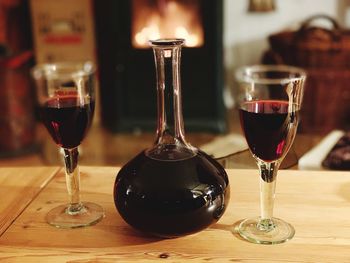 Close-up of wine glasses on table