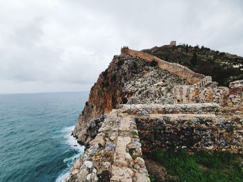 Rock formations by sea against sky