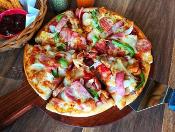 High angle view of pizza on table