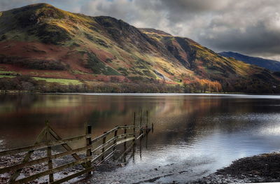 Scenic view of lake against cloudy sky