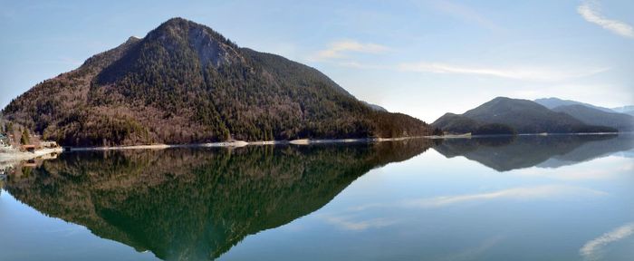 Scenic view of lake and mountains against sky