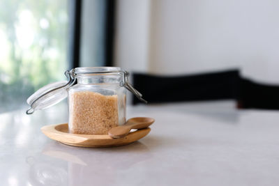 Close-up of drink in jar on table