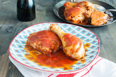 High angle view of food in plate on table