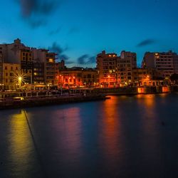 City at waterfront at dusk