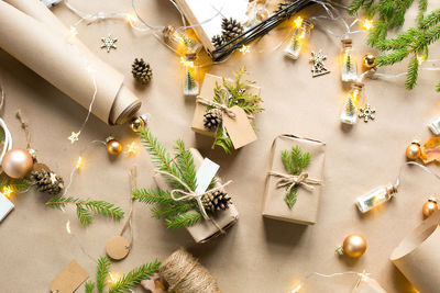 High angle view of christmas decorations on table