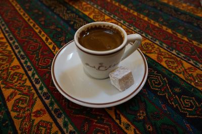 High angle view of coffee on table