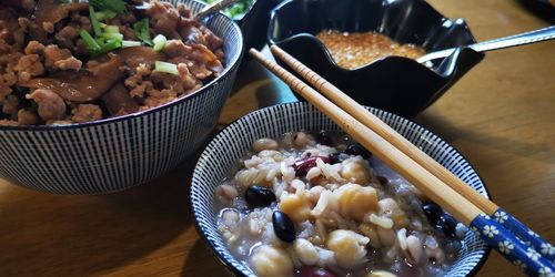 High angle view of food in bowl on table