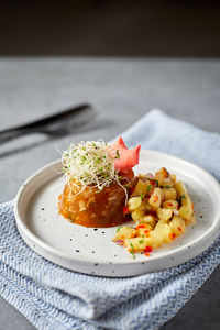 Close-up of food in plate on table