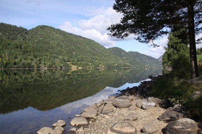 Scenic view of lake and mountains against sky