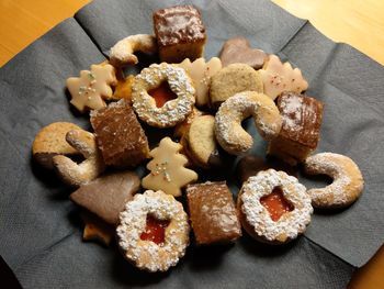 High angle view of cookies in plate on table