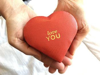 Close-up of human hand holding heart with love you text