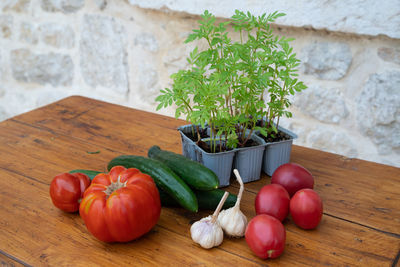 High angle view of vegetables on table