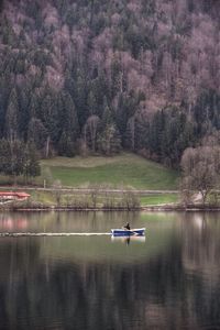 Boat in lake against trees