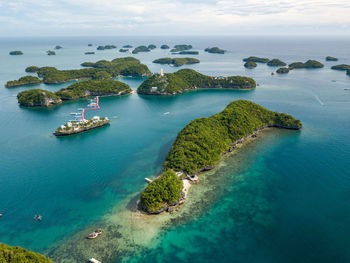 Scenic panorama drone aerial picture of the hundred islands national park in pangasinan, philippines