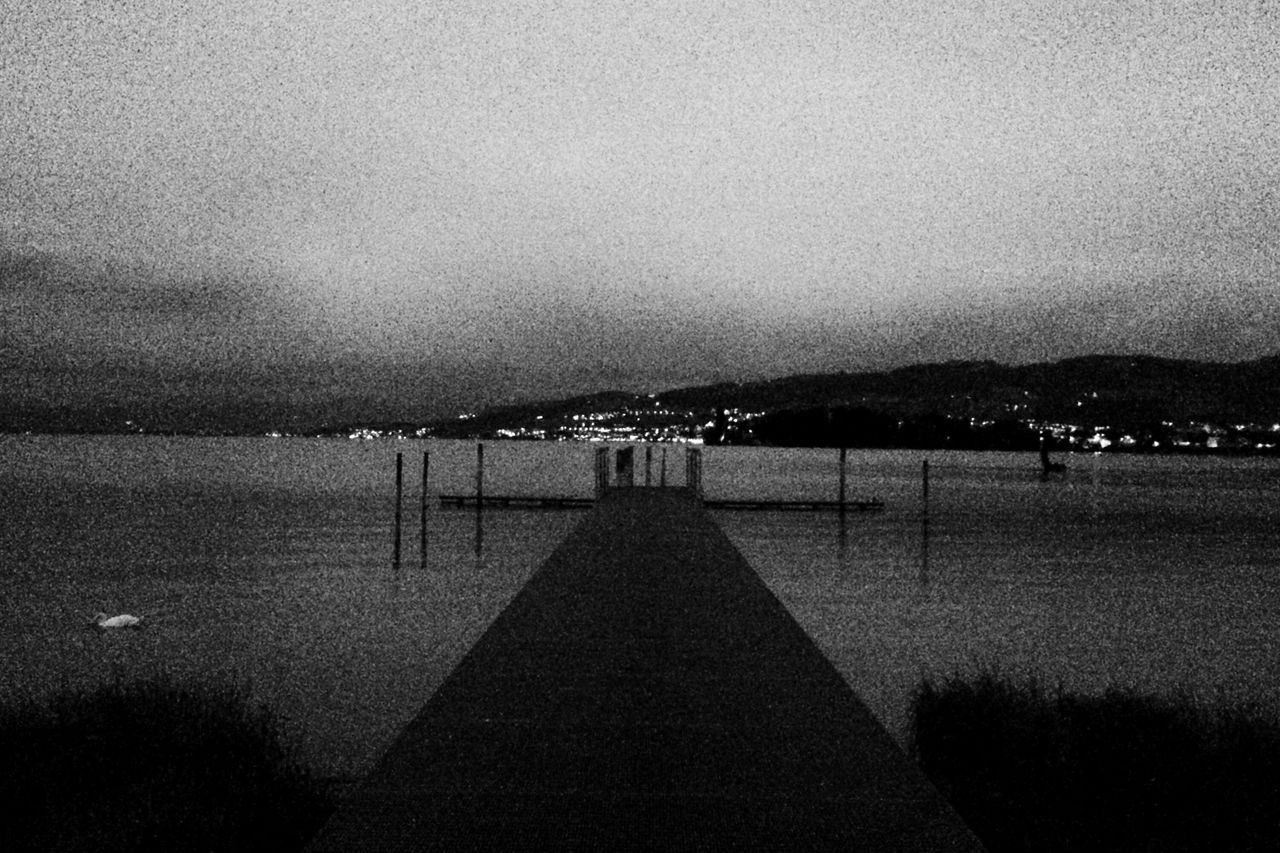 water, the way forward, sea, sky, tranquil scene, tranquility, empty, pier, nature, copy space, scenics, fog, built structure, outdoors, railing, lake, transportation, diminishing perspective, no people, beauty in nature